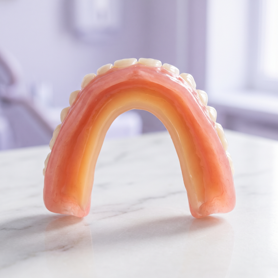 Lower denture lined with a soft amber reliner cushion