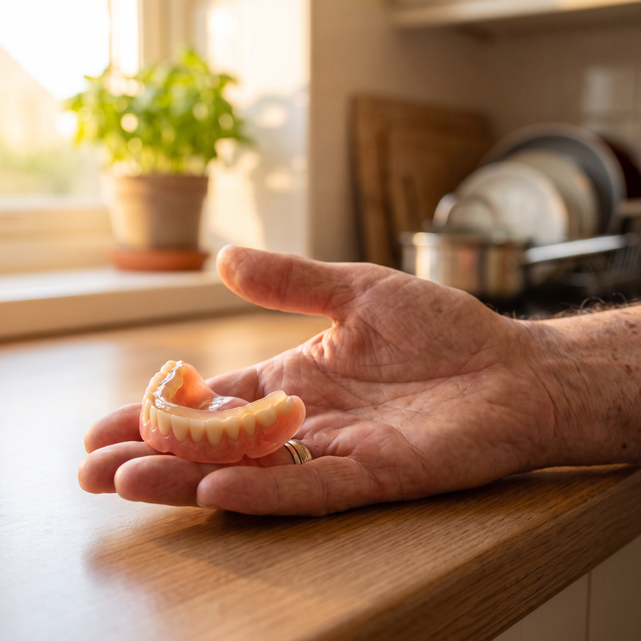 Hand holding a lower denture with reliner layer
