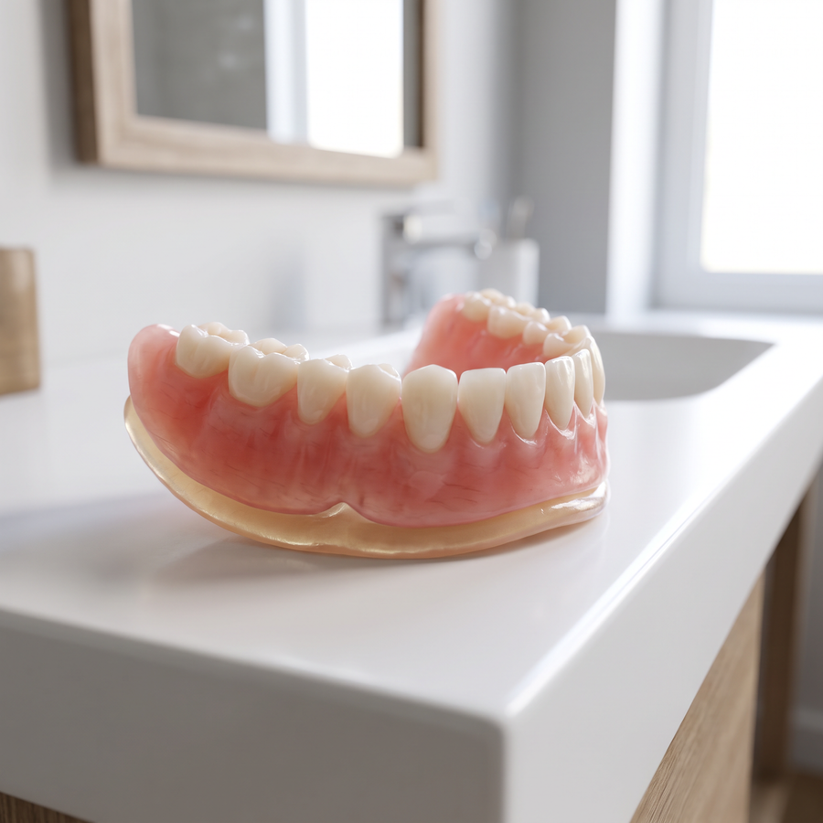 Lower denture with reliner layer on a counter