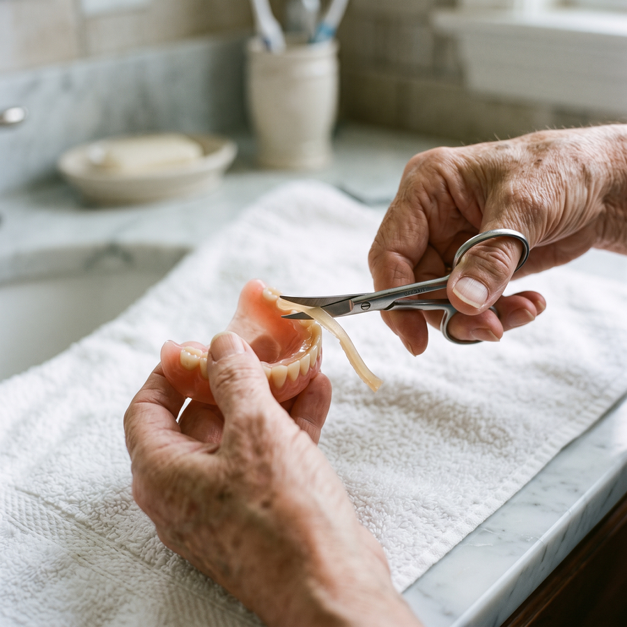 Trimming reliner overflow from a denture with small scissors
