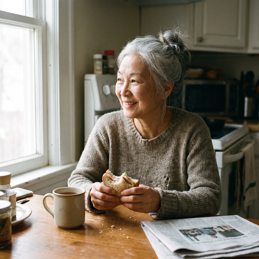 Woman eating a sandwich at her kitchen table (illustrative photo)