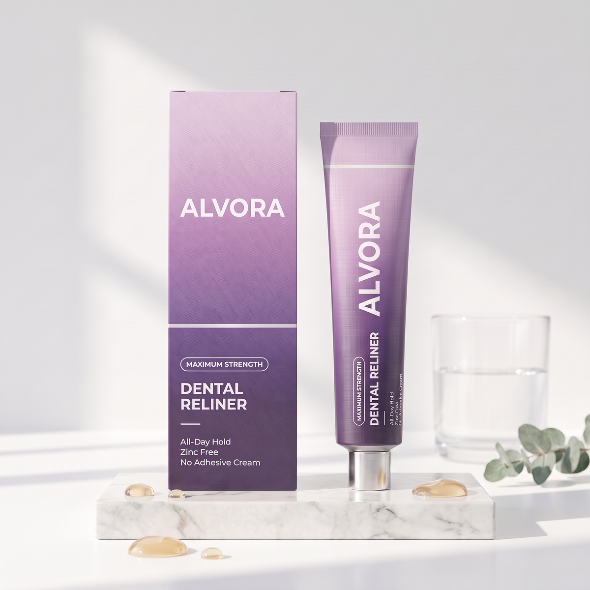 Alvora Dental Reliner on white marble