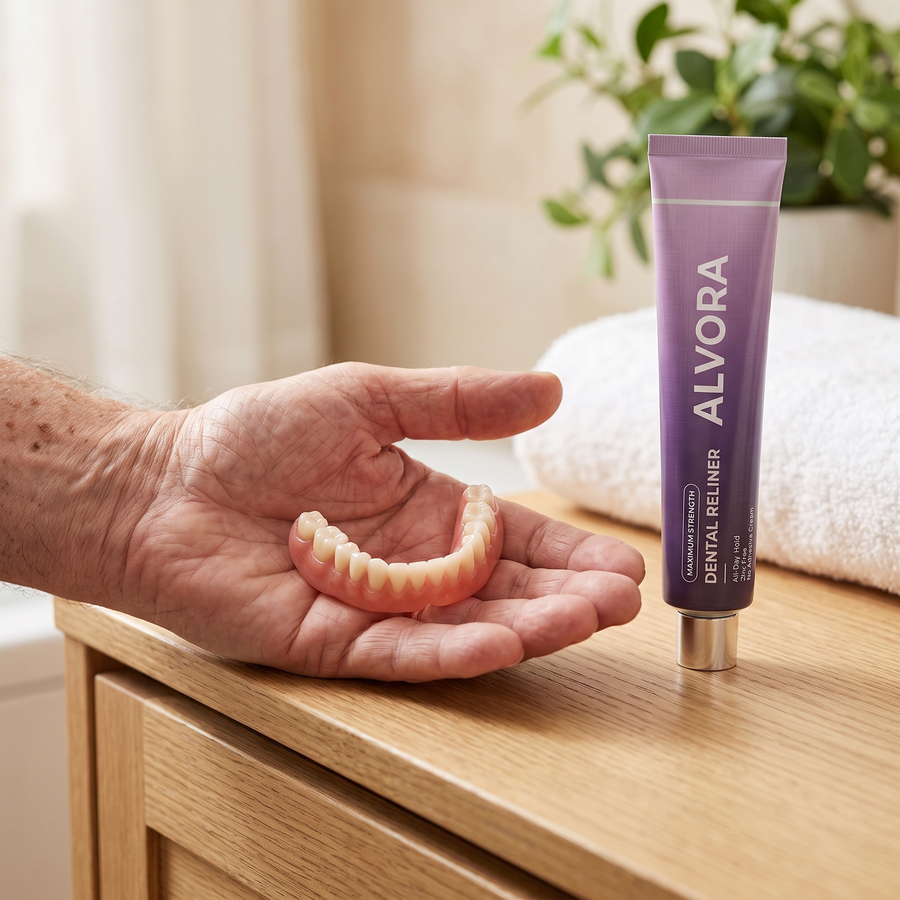 Hand holding a lower denture next to Alvora tube
