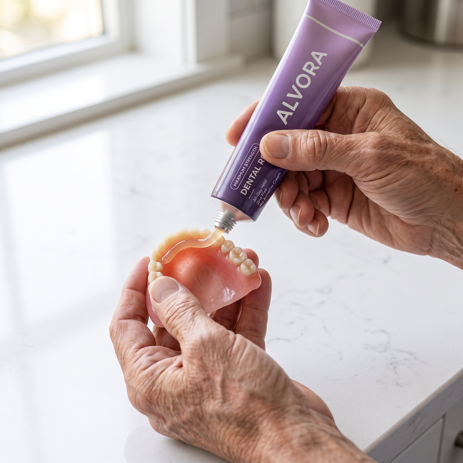 Applying Alvora to a lower denture